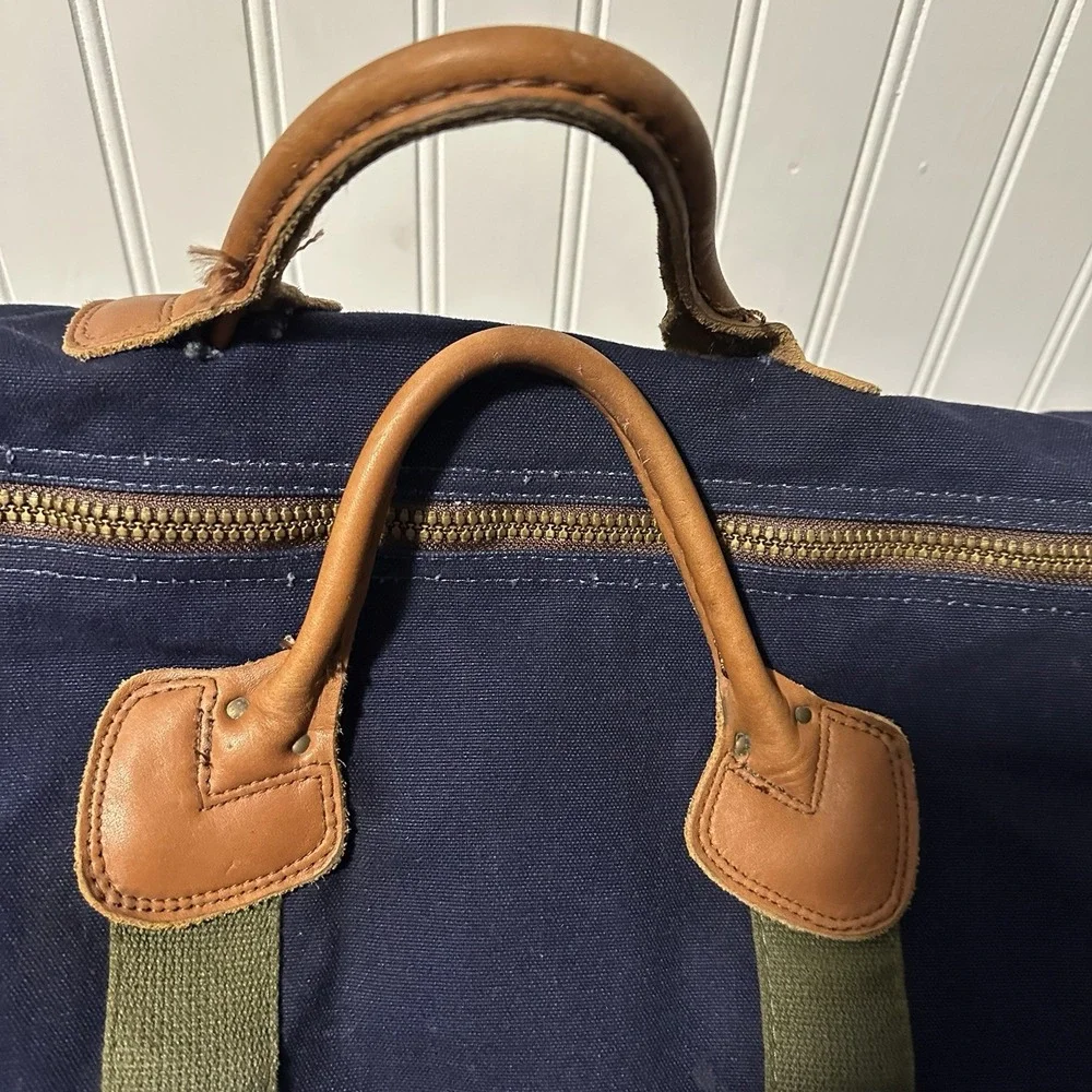 Vintage 80s/90s LL Bean Crinkle Tag‎ Blue Canvas And Brown Leather Tote Bag